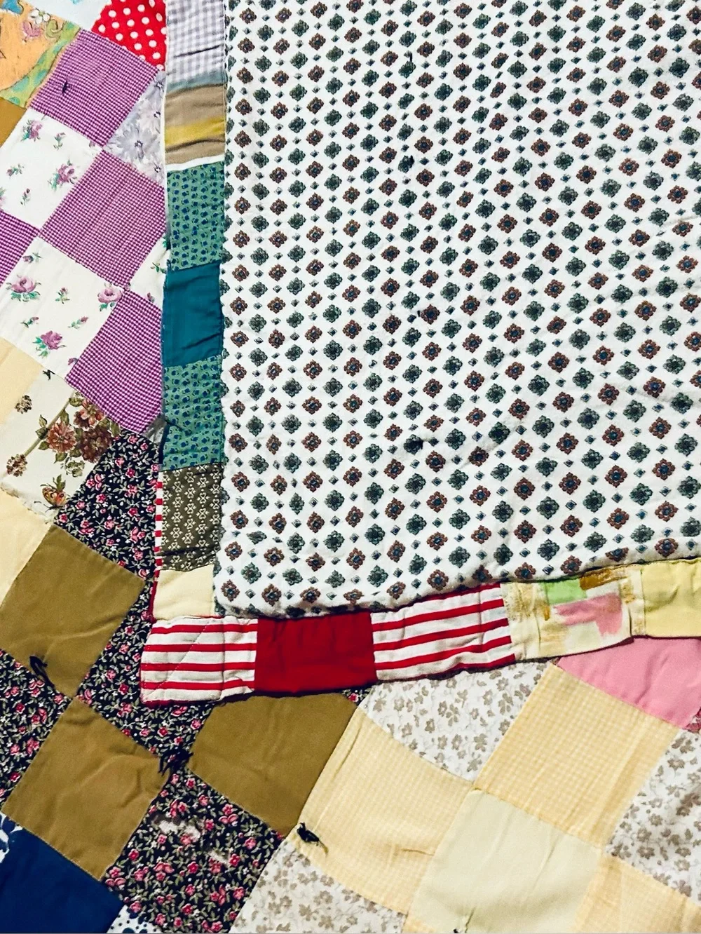 Whimsical Antique handmade cotton patchwork quilt rustic country folk art